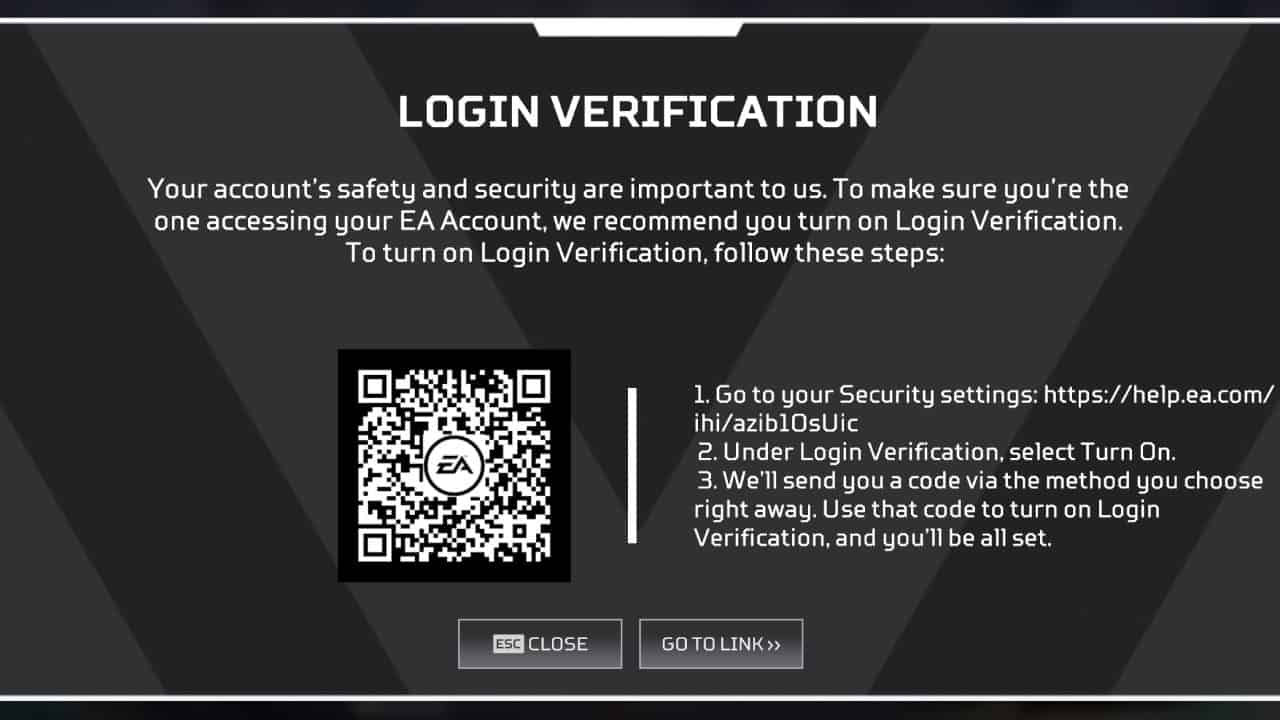 How to send gifts in Apex Legends explained: The pop-up explaining login verification.