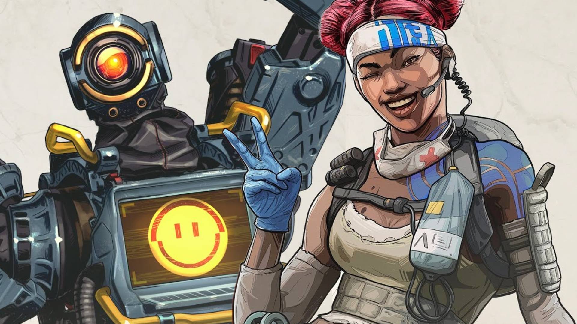 Apex Legends characters Pathfinder and Lifeline standing on a crumpled paper background