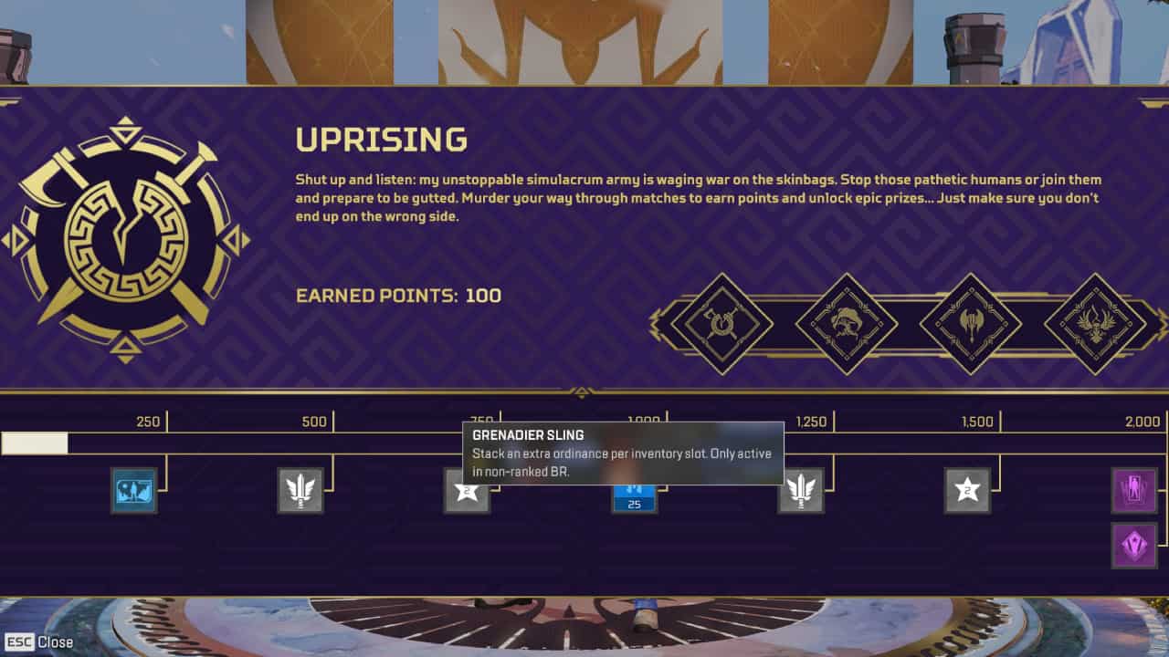 Apex Legends perks - What is the perk system and how can you get perks fast: Uprising event track, highlighted on an unlockable perk.