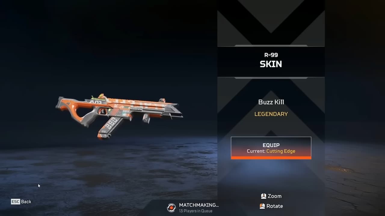The Legendary Buzz Kill R-99 reactive weapon skin in Apex Legends