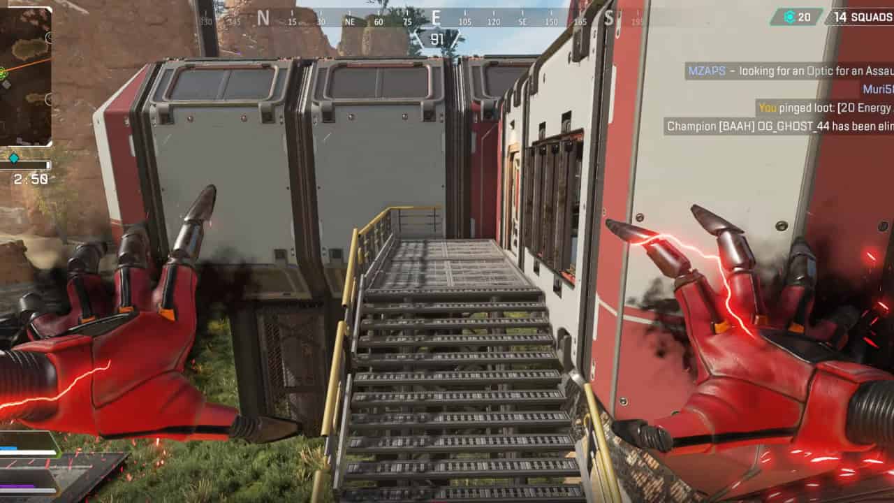 Apex Legends Revenant rework: Revenant uses his tactical ability to jump across the terrain and land just outside a small building.