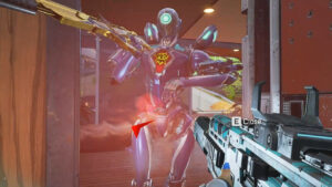 Apex Legends Season 19 end date: A player shoots an enemy Pathfinder standing in a doorway at point-blank range.