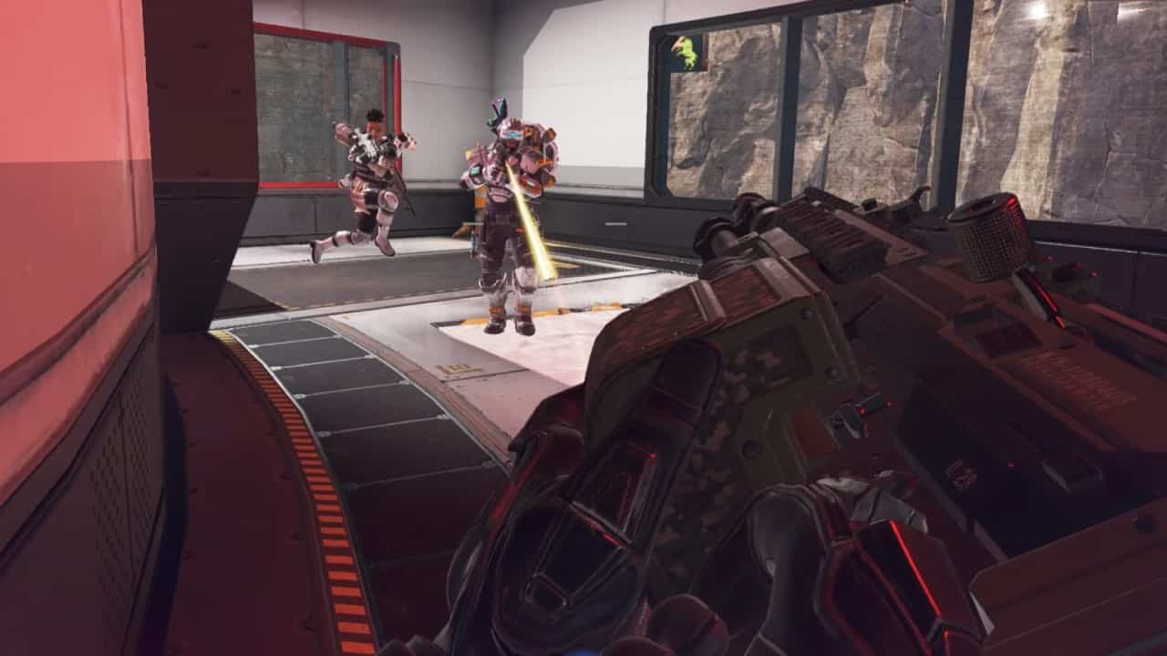 Apex Legends Season 19 Storm Point map changes and rework explained: A firefight between Ballistic and an enemy squad led by Newcastle in a cramped hallway at Zeus Station.
