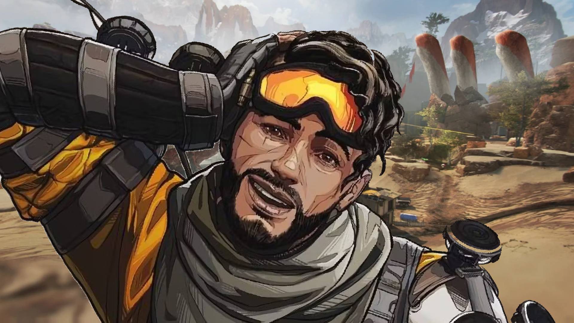 Mirage from Apex Legends smiling in an empty desolate field