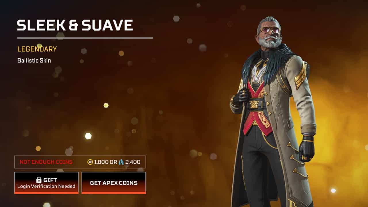 Apex Legends Uprising event skins: Ballistic's Sleek and Suave skin on display in-menu.