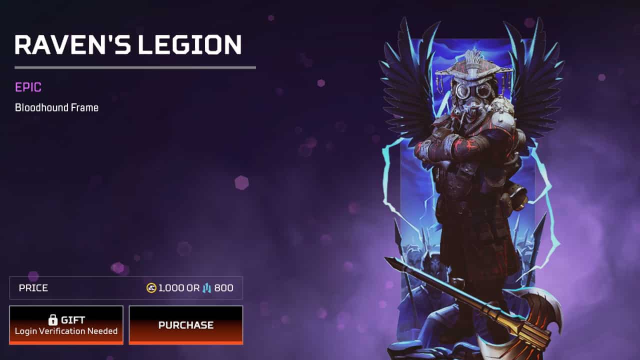 Apex Legends Uprising event skins: Bloodhound's Raven's Legion banner on display in-menu.