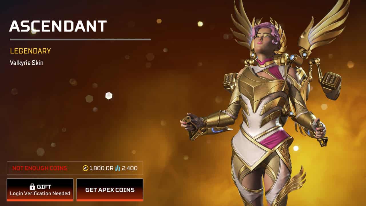 Apex Legends Uprising event skins: Valkyrie's Ascendant skin on display in-menu.