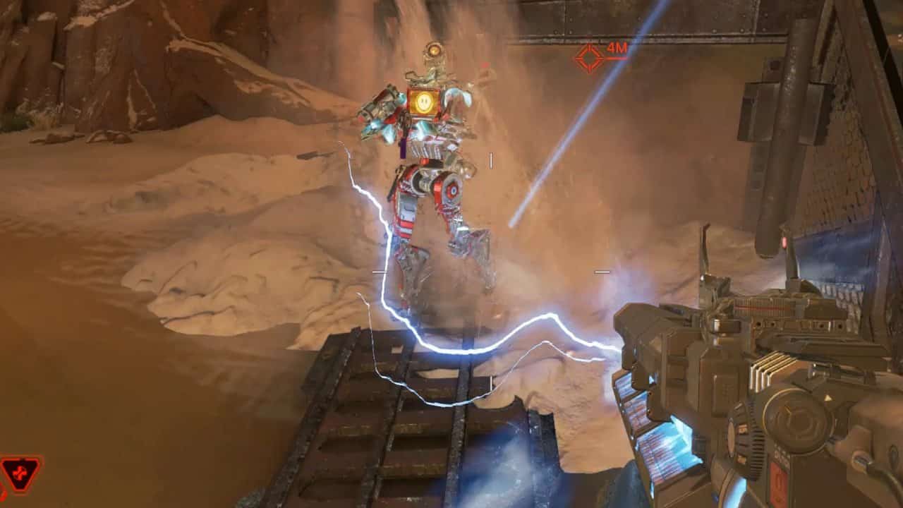 Apex Legends voice actors:  A player fights an enemy Pathfinder, firing a Havoc rifle into them.