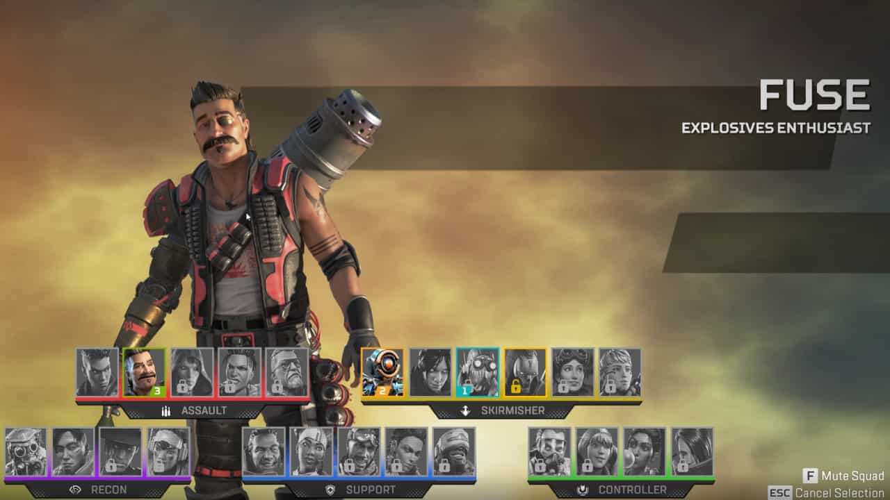 Apex Legends voice actors: Fuse in the Legend selection screen.