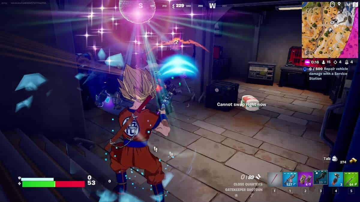 Are Boogie Bombs back in Fortnite: Goku dancing underneath a disco ball in a small room.