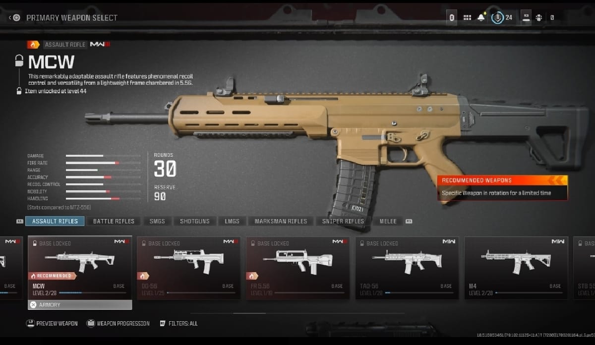 A screenshot of the MW2 guns in the game MW3.