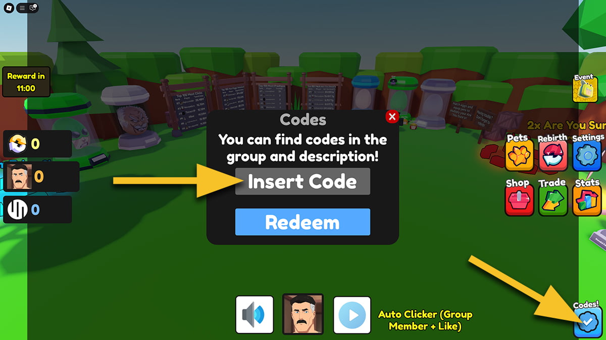 Image of the code redemption screen in Are You Sure? on Roblox, with arrows pointing at the Codes button and the text input box.