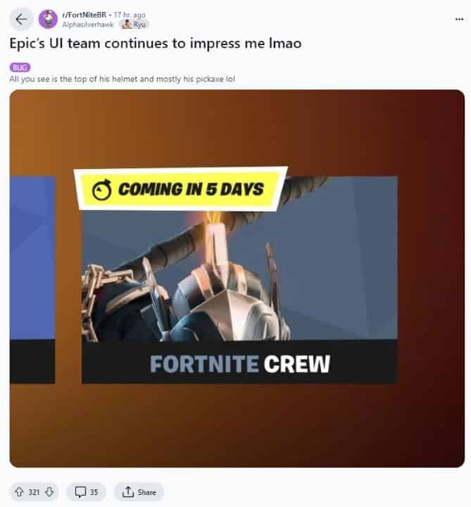 Fortnite fans diss Epic Games: An image from Reddit showing Ares cropped badly on the Fortnite UI.