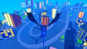 Image of the player riding the Blue Dragon flying mount over a city in Arise Crossover on Roblox.