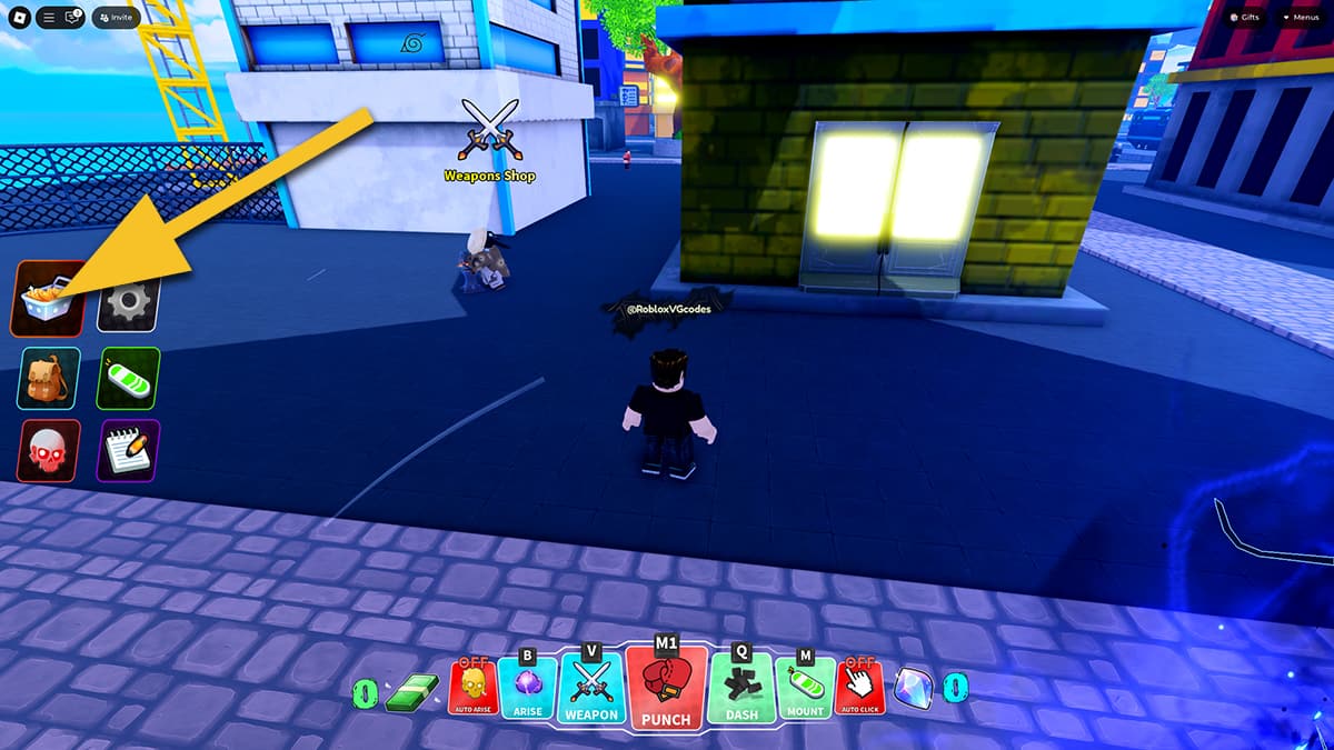 Image of the player in Arise Crossover game on Roblox, with an arrow pointing at the shopping cart icon.