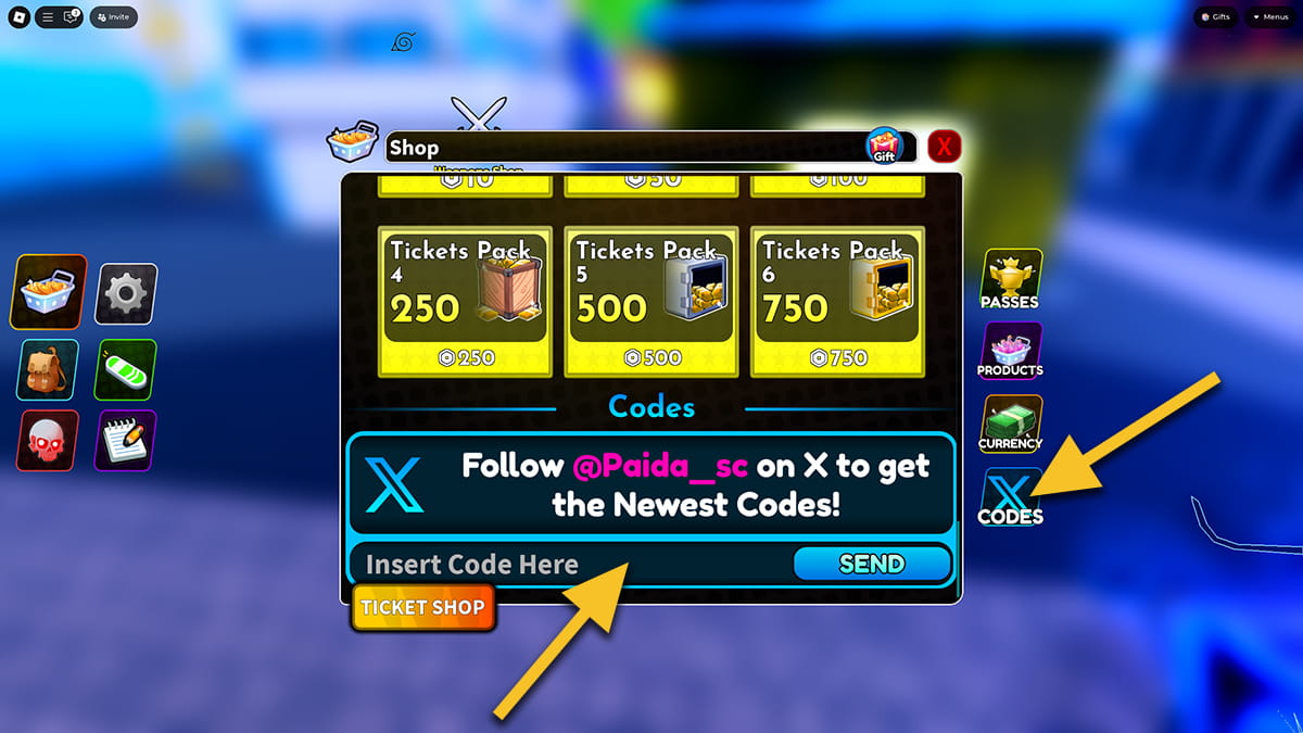 Image of the shop window in Arise Crossover on Roblox, with arrows pointing at the Codes icon and the text input box.