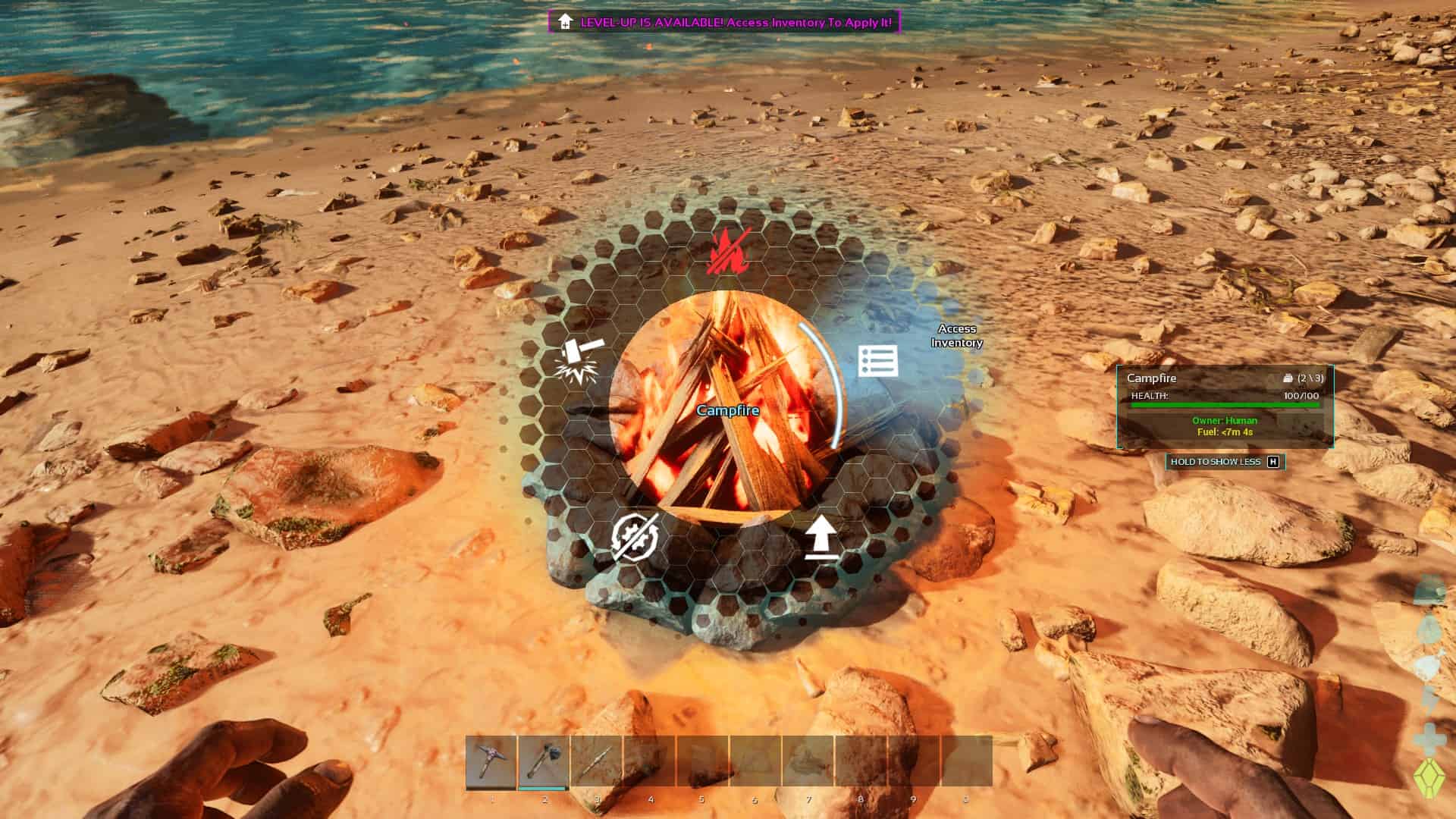 ARK Survival Ascended how to cook meat: Opening the inventory of a campfire