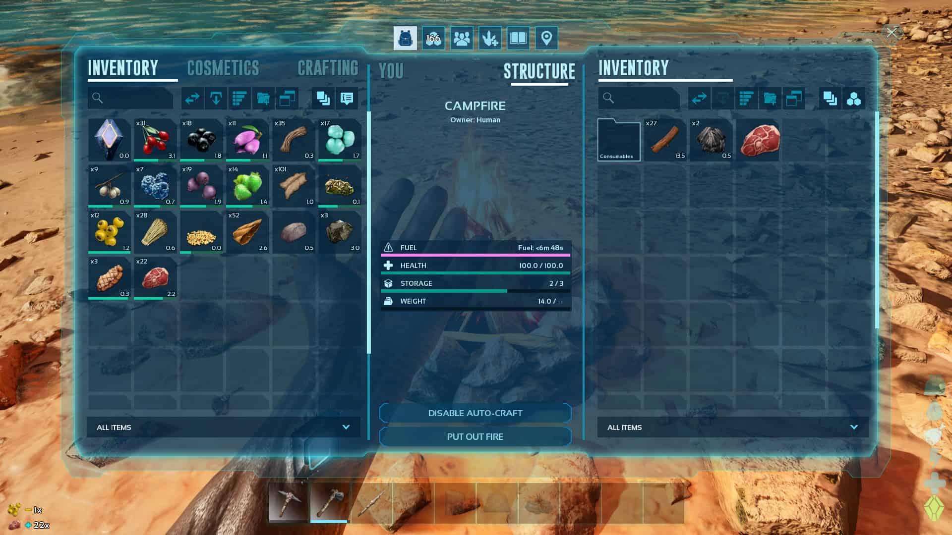 ARK Survival Ascended how to cook meat: Placing raw meat in the inventory of a campfire.