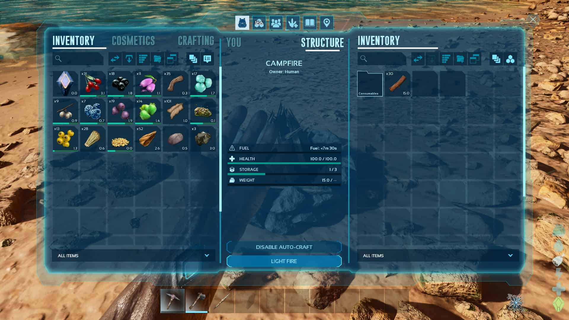 ARK Survival Ascended how to light campfire: Placing wood into the campfire inventory.