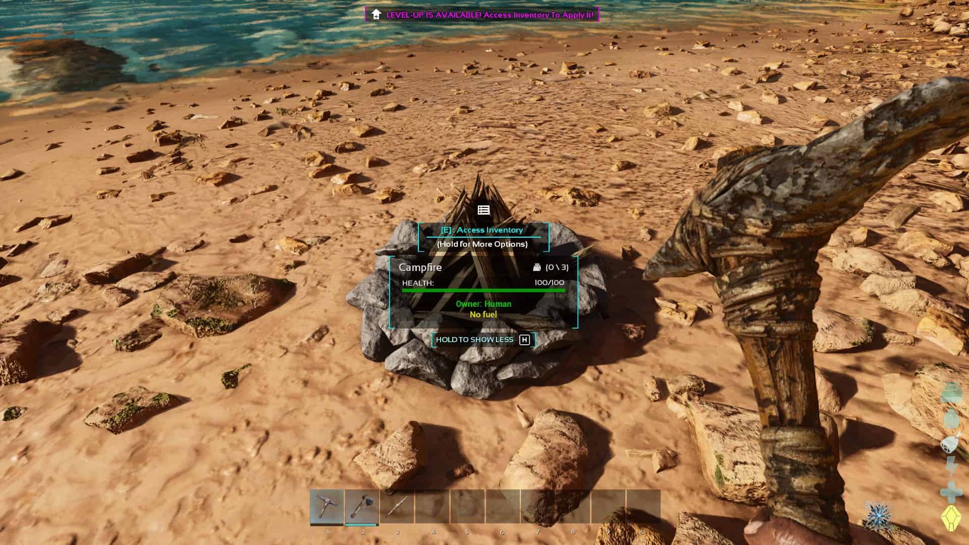 ARK Survival Ascended how to light campfire: An unlit campfire on a beach.