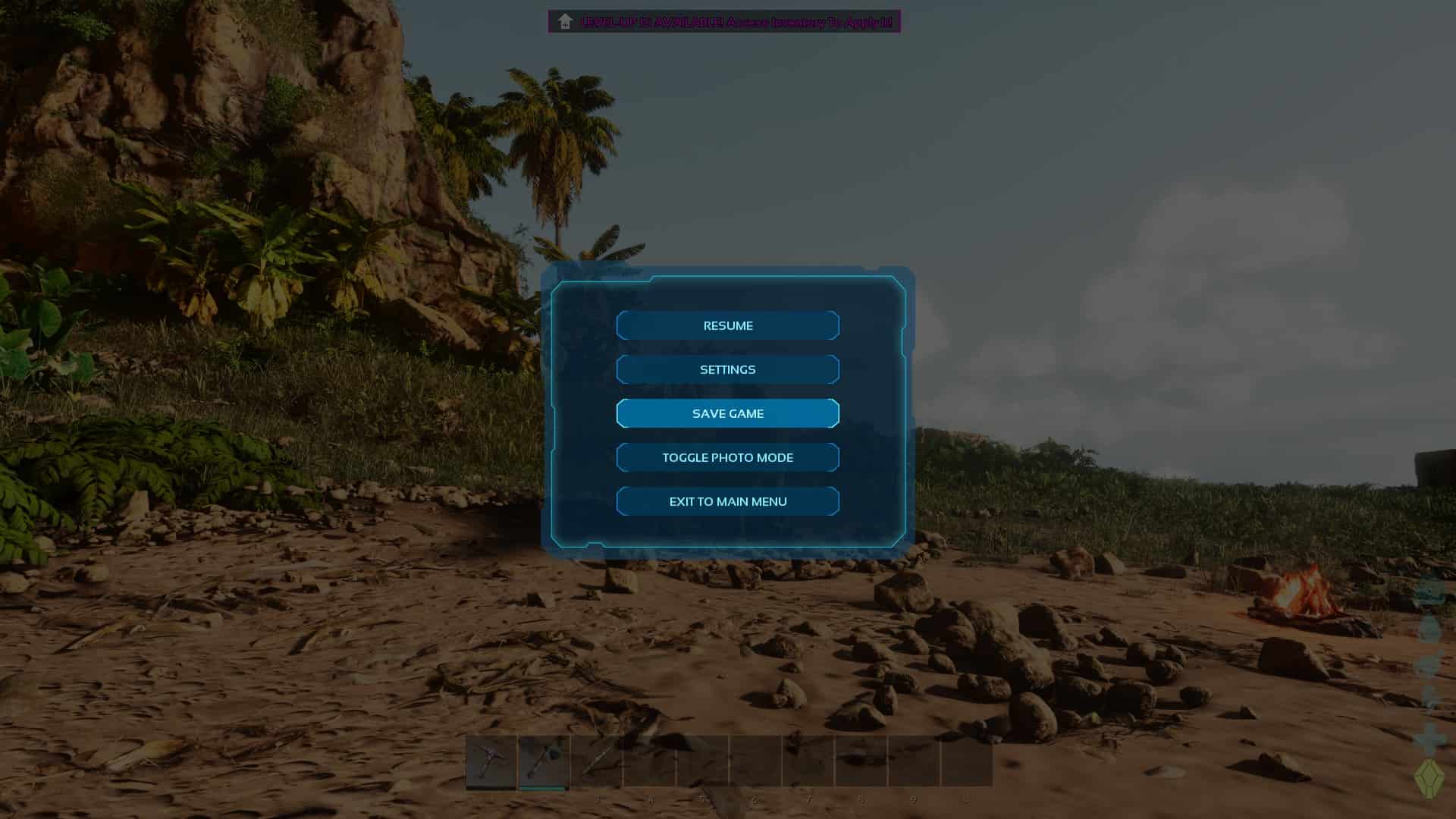 ARK Survival Ascended how to save: The menu showing the save game option