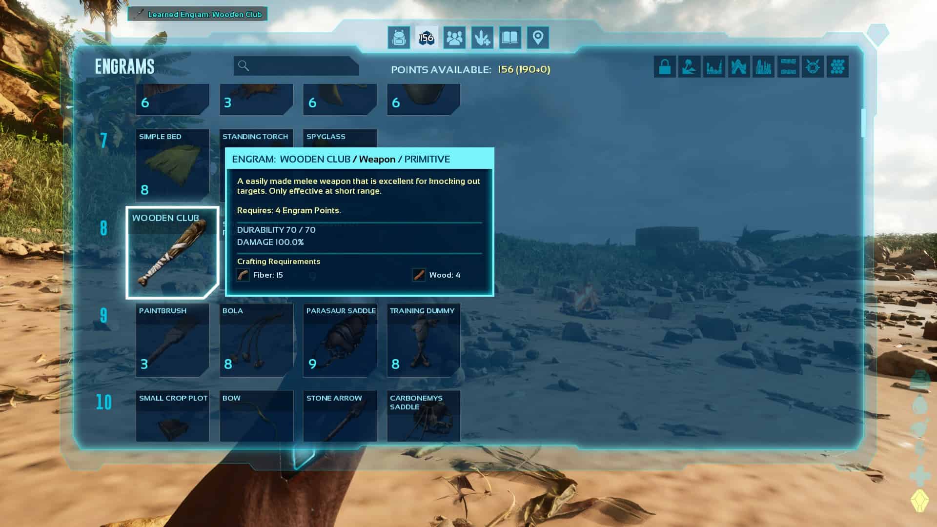ARK Survival Ascended how to tame: The Wooden Club in the Engram menu.