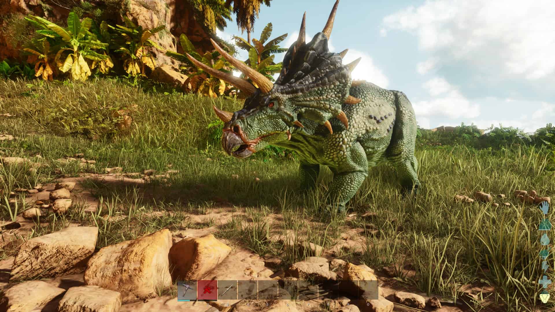 ARK Survival Ascended how to tame: A player looking at a nearby triceratops.