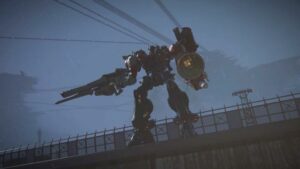 An Armored Core 6 robot stands on a bridge, armed with a gun.