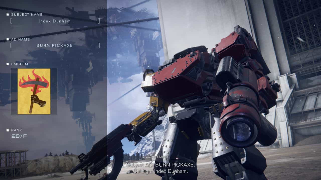 How to unlock the Arena in Armored Core 6: The opponent intro screen for Index Duhram