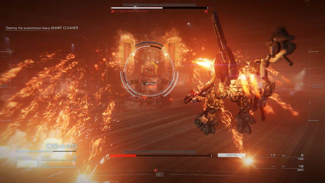 Armored Core 6 Smart Cleaner boss guide: The smart cleaner unleashes a large AOE attack as the player AC backs up, bathing the arena in flame and magma.