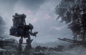 A photo of an Armored Core 6 robot in the city