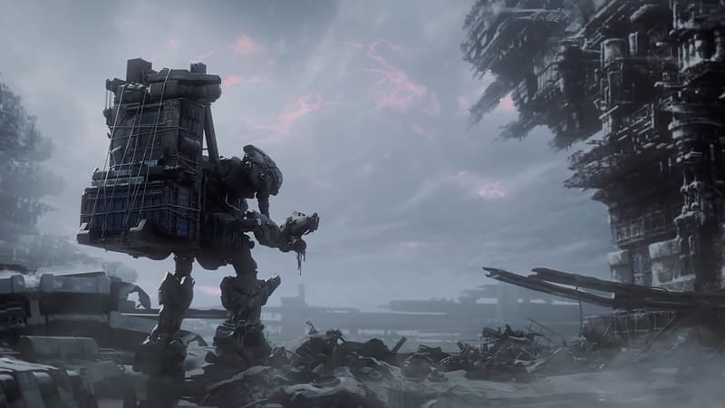 A photo of an Armored Core 6 robot in the city