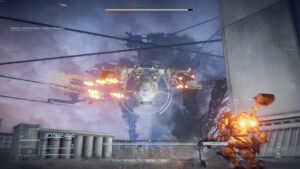 armored core 6 review: heavy helicopter tutorial boss fight.