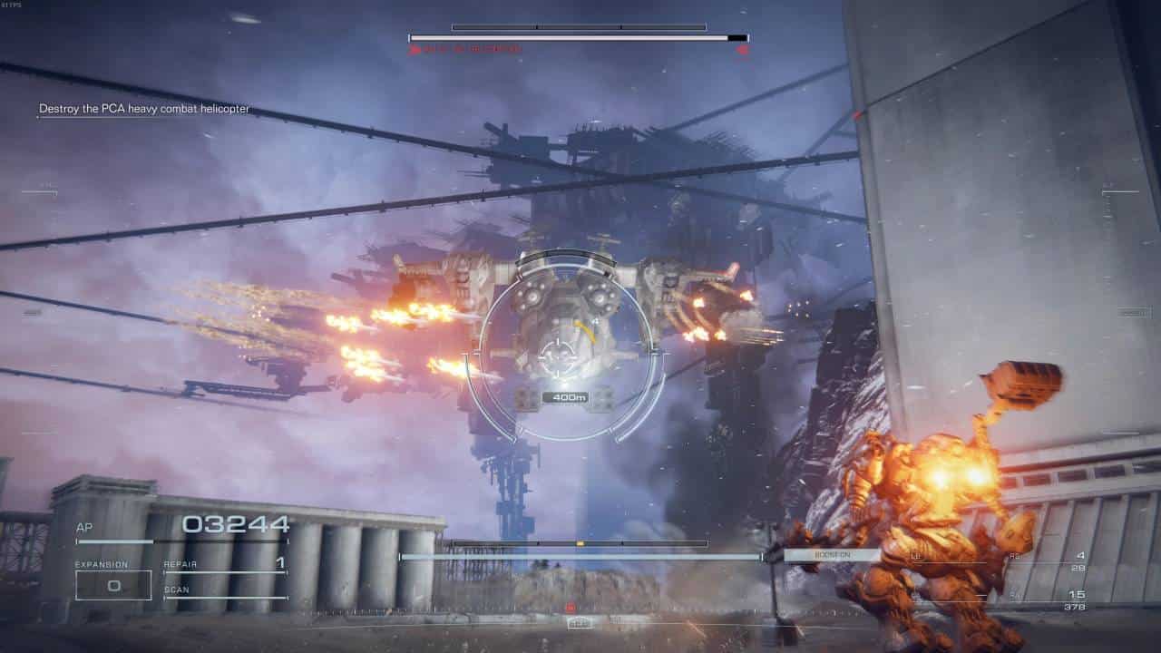 armored core 6 review: heavy helicopter tutorial boss fight.