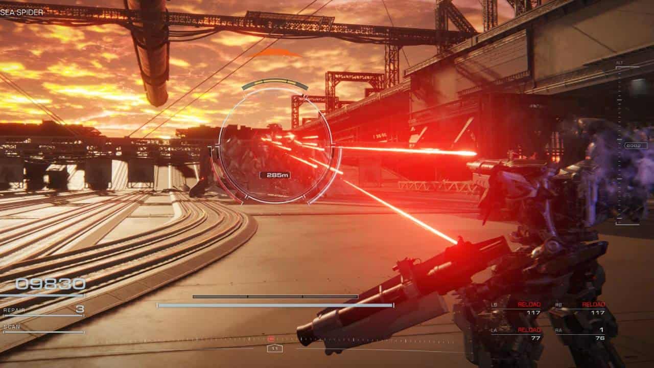 Armored Core 6 Sea Spider guide: An AC faces off against the Sea Spider as it unleashes a volley of machine gun laser shots.