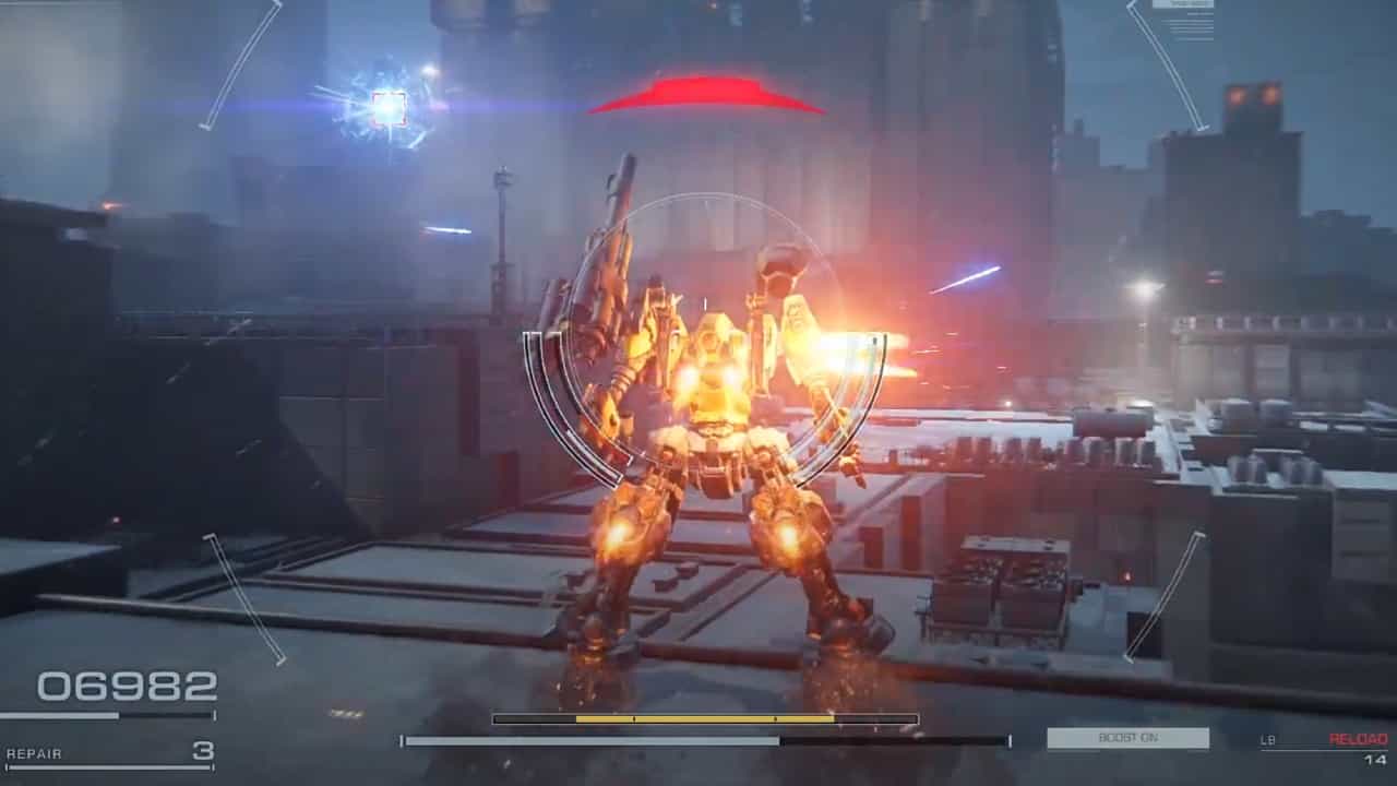 Armored Core games ranked: An ongoing mech battle from Armored Core 6 gameplay footage.