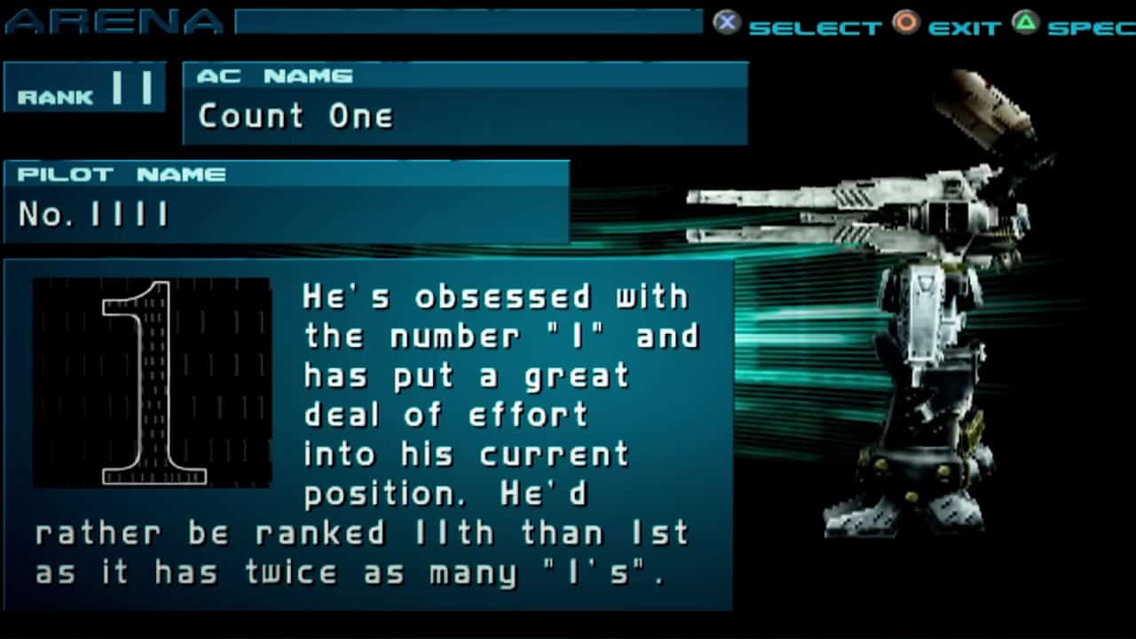 Armored Core games ranked: Arena opponent description in AC2.