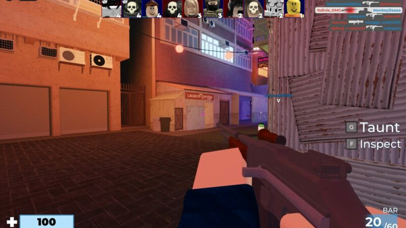 Arsenal codes: first-person gun view in an alleyway.
