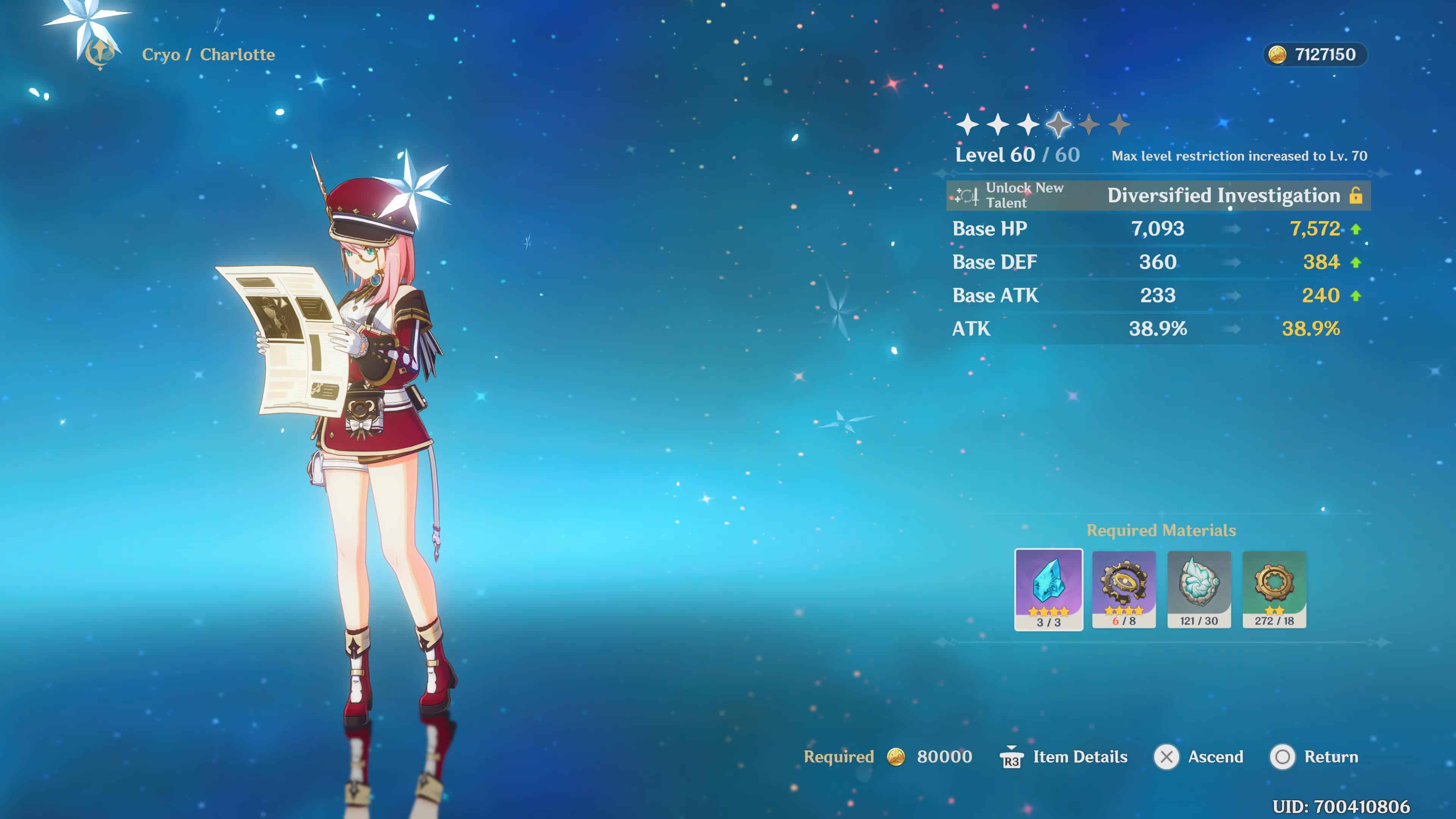 A screenshot of a character, Charlotte, in the game Genshin Impact showing her Ascension screen.