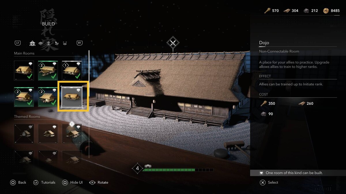 Assassin's Creed Shadows allies: Hideout build menu.