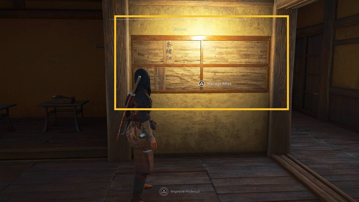 Assassin's Creed Shadows allies: Hideout build menu.