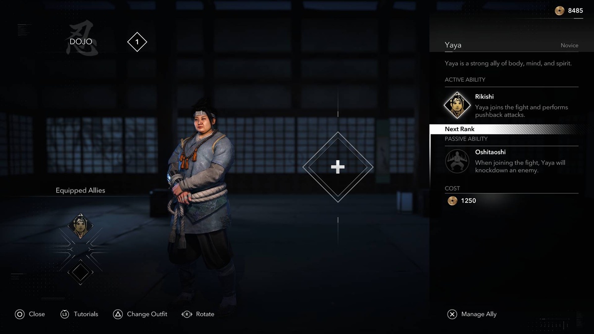Assassin's Creed Shadows allies: Dojo menu.