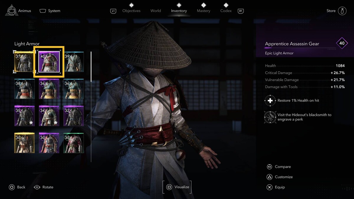 Assassin's Creed Shadows assassin outfit: inventory menu.
