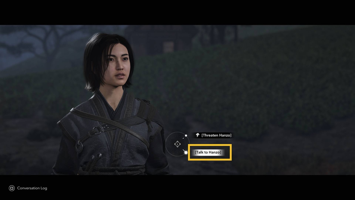 Assassin's Creed Shadows assassin outfit: Naoe dialogue choice.