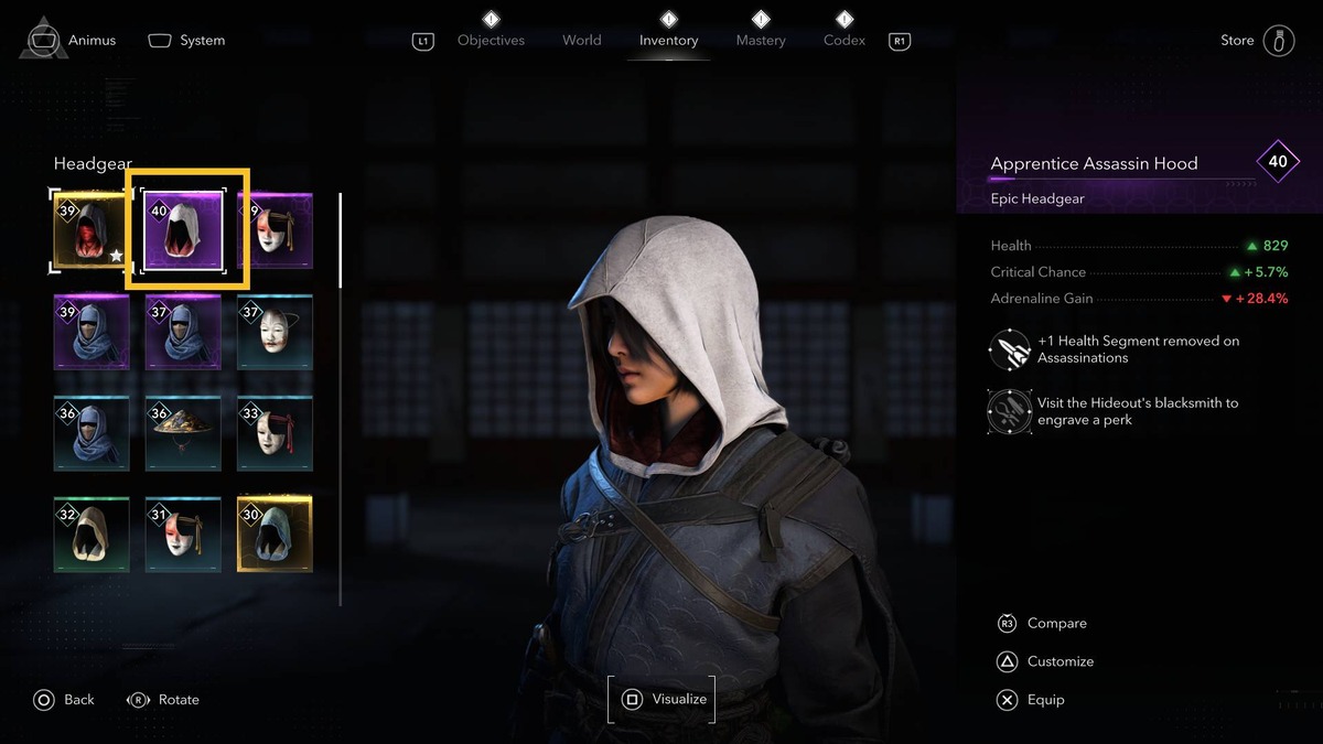 Assassin's Creed Shadows assassin outfit: inventory menu.