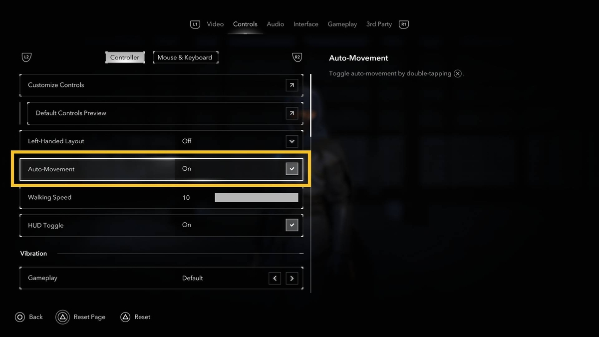 Assassin's Creed Shadows auto ride: options menu.