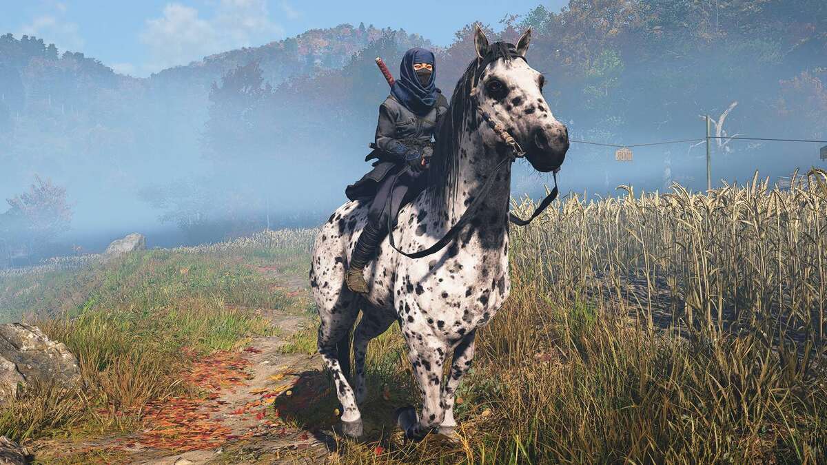 Assassin's Creed Shadows auto ride: Naoe riding a horse.