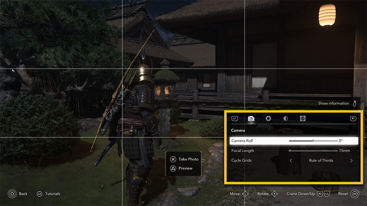 Image of the Photo Mode Camera settings in Assassin's Creed Shadows.