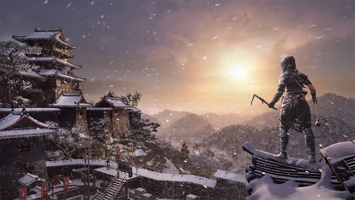 Image of Naoe surveying a castle as sun rises during the day cycle in Assassin's Creed Shadows.