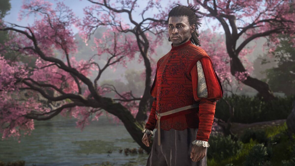Assassin's Creed Shadows canon mode: Yasuke near sakura.